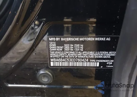 2014 BMW 650I Gran Coupe xDrive from USA, damaged, VIN WBA6B4C53ED760424